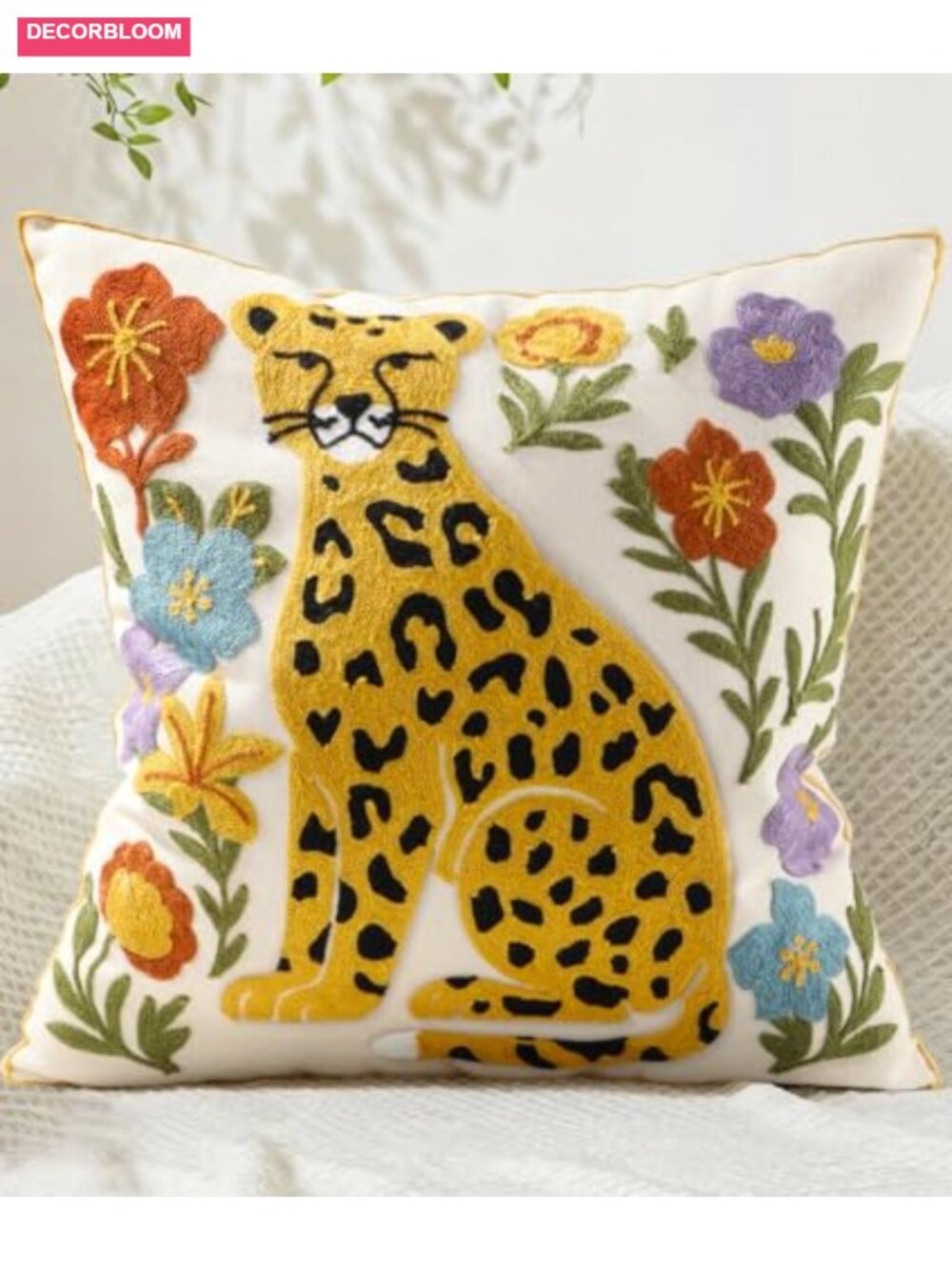 Embroidered Animal Floral Throw Pillow Cover 18x18 - Picture 1 of 6